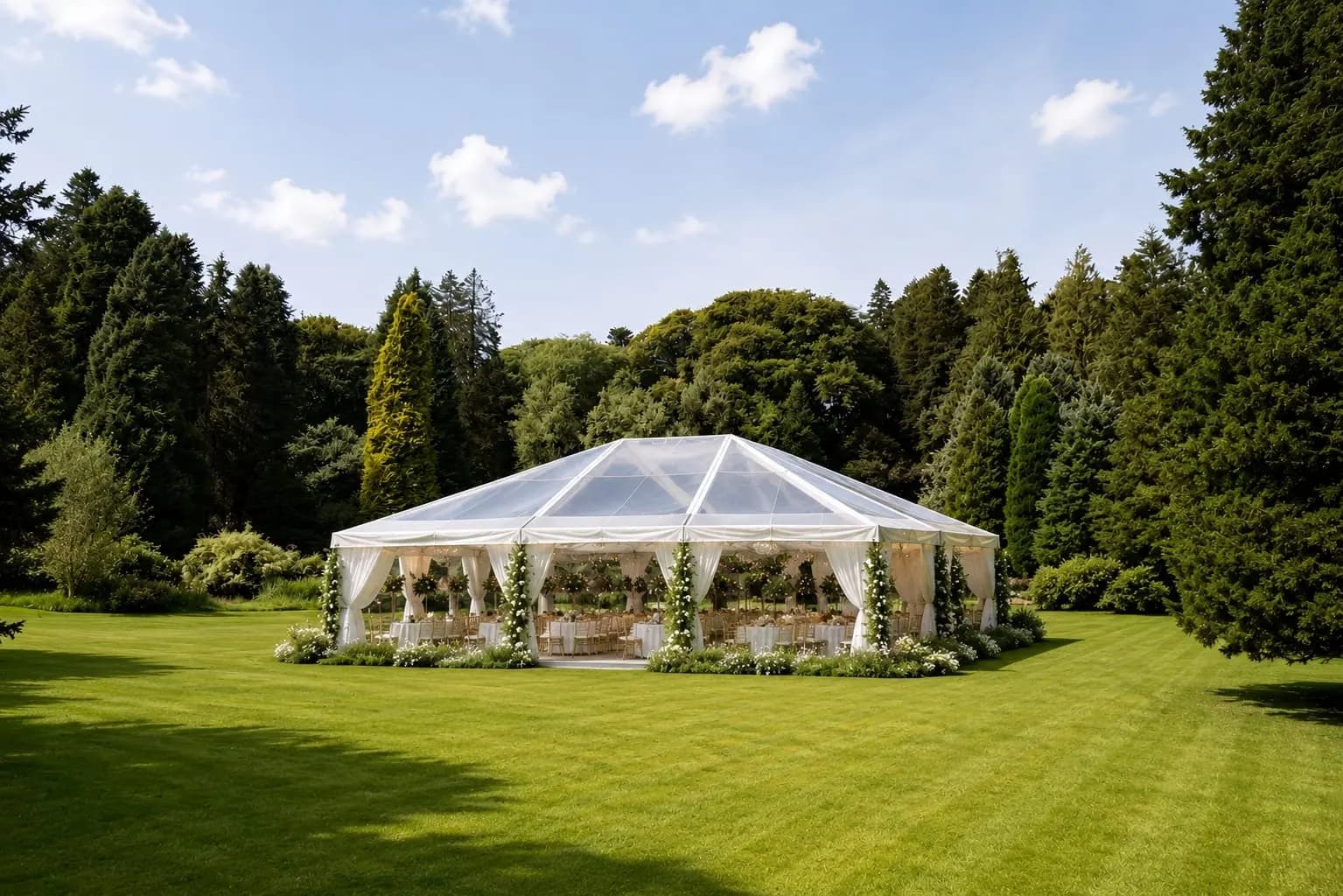 A marquee dressed on the lawn