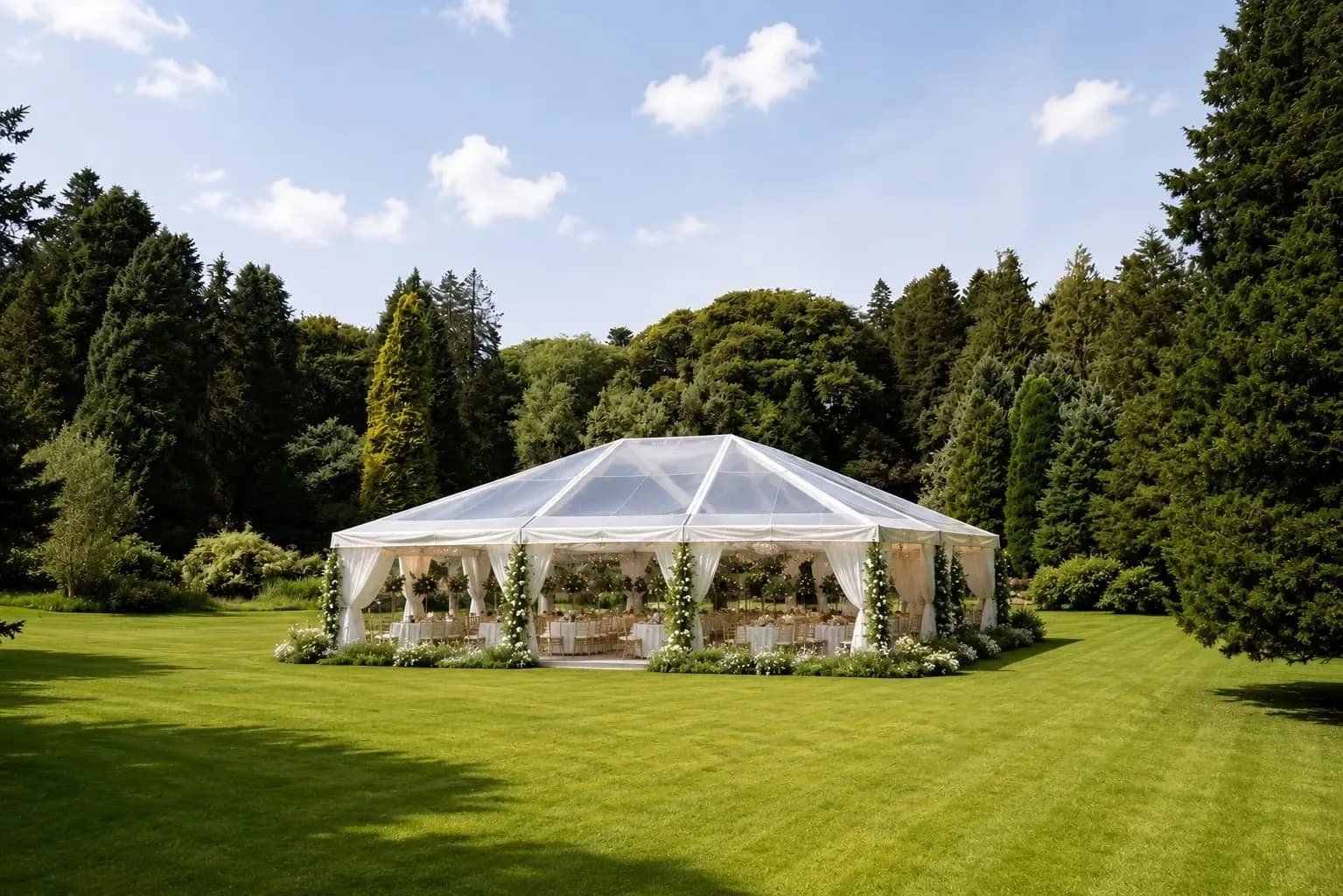 A marquee dressed on the lawn